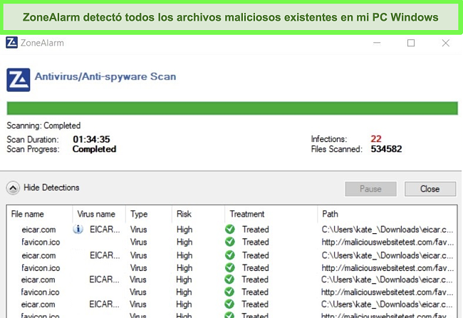 Captura de pantalla de los resultados del análisis de virus completo de ZoneAlarm.