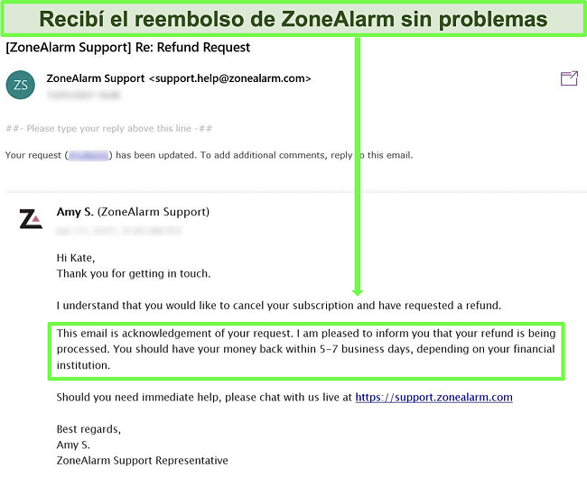 Captura de pantalla de una respuesta por correo electrónico de ZoneAlarm aceptando la solicitud de reembolso.