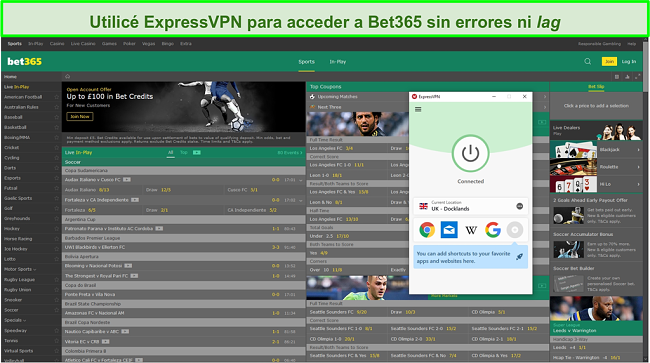 Captura de pantalla de un servidor de ExpressVPN UK que desbloquea Bet365.com