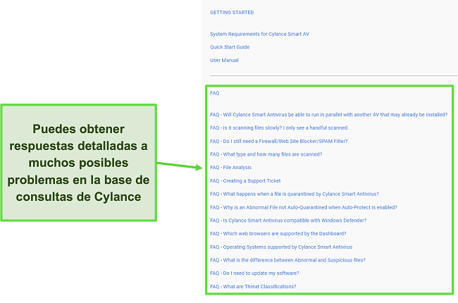 Captura de pantalla de la base de conocimientos de Cylance con preguntas frecuentes.