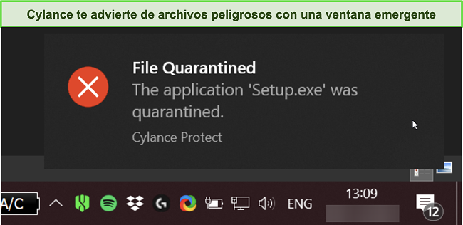 Captura de pantalla de la advertencia de detección de malware de Cylance.