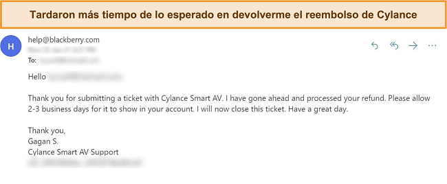 Captura de pantalla de la respuesta por correo electrónico de Cylance a una solicitud de reembolso.