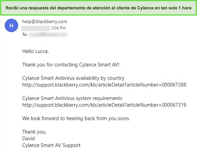 Captura de pantalla de un correo electrónico de atención al cliente de Cylance.