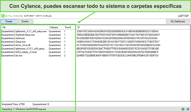 Captura de pantalla del análisis y los resultados del sistema de Cylance.