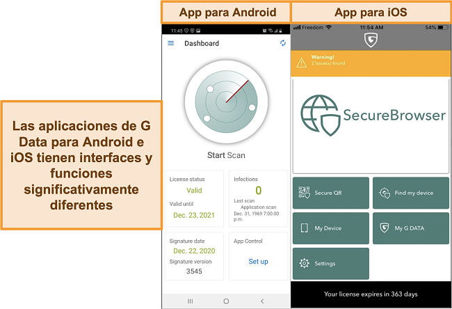 Captura de pantalla de las aplicaciones G Data para Android e iOS