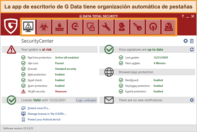 Captura de pantalla de la aplicación de escritorio G Data