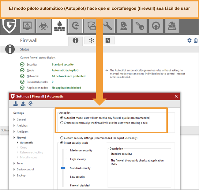 Captura de pantalla de la configuración del firewall de G Data