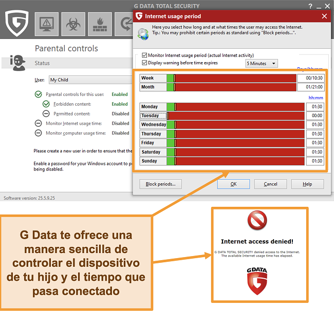 Captura de pantalla de la configuración del control parental de G Data