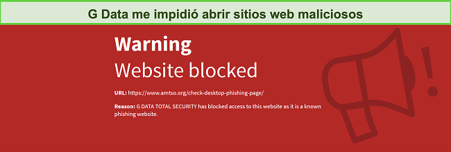 Captura de pantalla de G Data que bloquea el acceso a un sitio malicioso