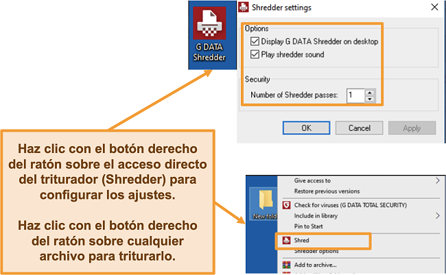 Captura de pantalla de la configuración de G Data Shredder