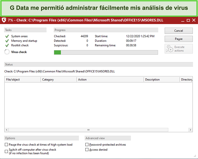 Captura de pantalla del análisis de virus de G Data en curso
