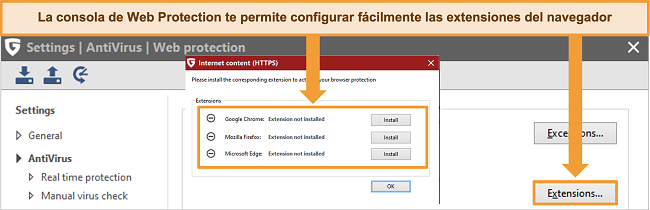 Captura de pantalla de la configuración de la extensión del navegador G Data