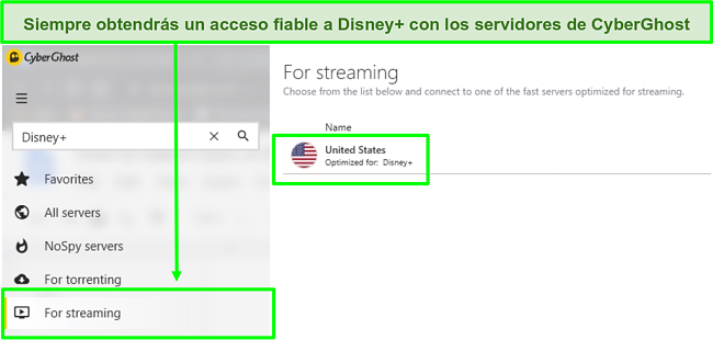 Captura de pantalla de CyberGhost para desbloquear Disney + con el servidor optimizado de EE. UU.