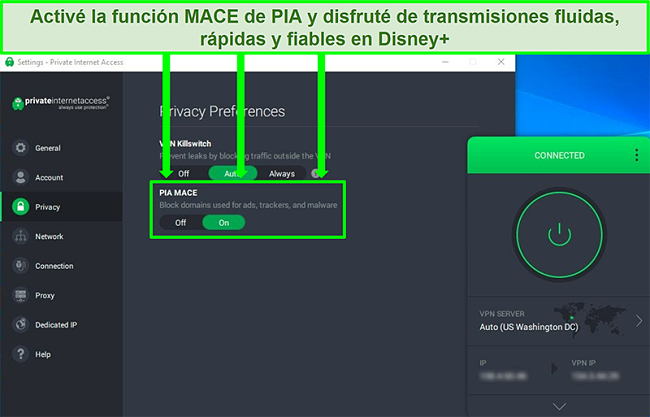 Captura de pantalla de la interfaz de usuario de PIA que muestra la opción PIA MACE habilitada