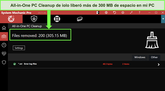 Captura de pantalla de la función de limpieza de PC todo en uno de iolo después de haber eliminado más de 300 MB de archivos basura.