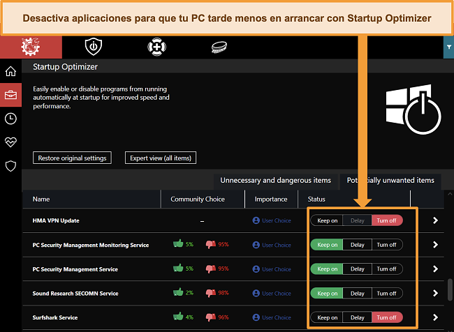 Captura de pantalla de la gestión de aplicaciones con el optimizador de inicio de iolo