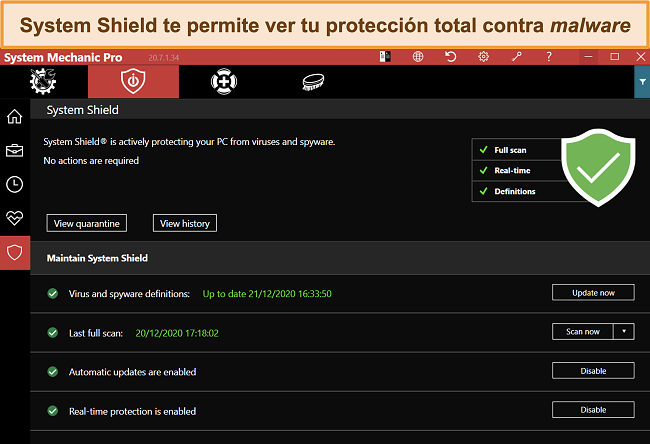 Captura de pantalla de iolo System Shield que analiza la protección contra malware