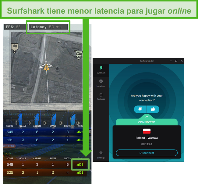 La captura de pantalla de Surfshark tiene la latencia más baja