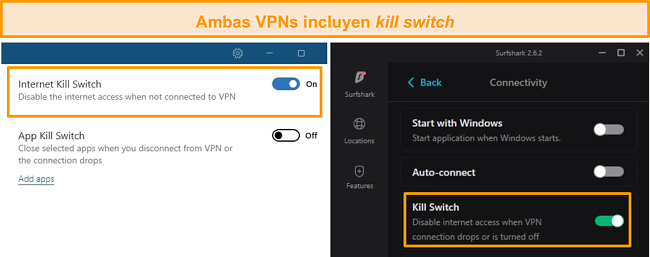 Captura de pantalla de los interruptores de interrupción integrados de NordVPN y Surfshark.
