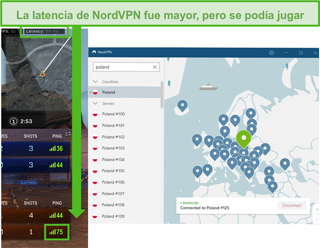 Captura de pantalla de los resultados de latencia de Call of Duty: Warzone y Rocket League mientras juegas con NordVPN conectado.