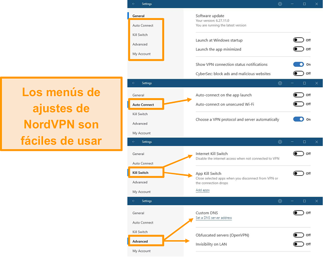 Captura de pantalla de los menús de escritorio de NordVPN.