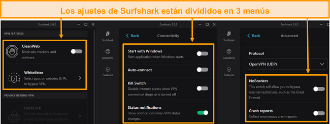 Captura de pantalla de los menús de escritorio de Surfshark.