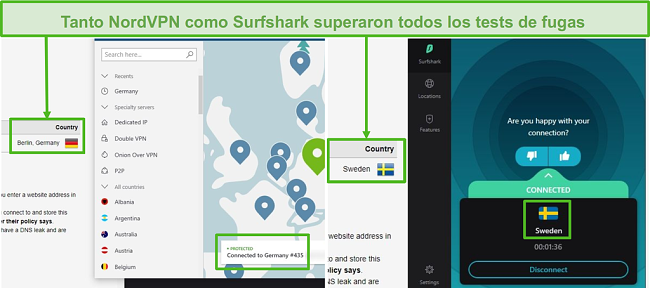 Captura de pantalla de NordVPN pasando una prueba de fugas conectada a un servidor alemán y Surfshark pasando una prueba de fugas conectada a un servidor sueco.