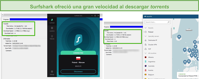 Captura de pantalla de Surfshark descargando un torrent con una velocidad promedio de 95.6 Mbps y NordVPN con una velocidad promedio de 74.6 Mbps.