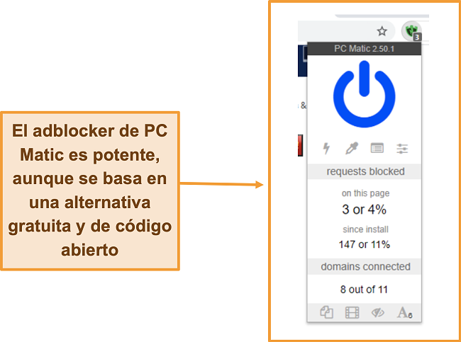 Captura de pantalla del bloqueador de anuncios de PC Matic.