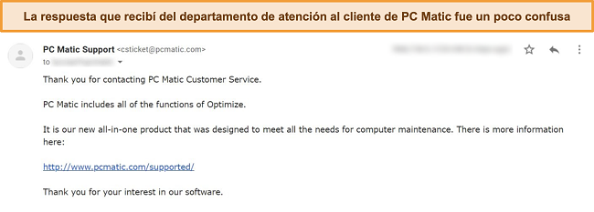 Captura de pantalla de la respuesta de soporte por correo electrónico de PC Matic.