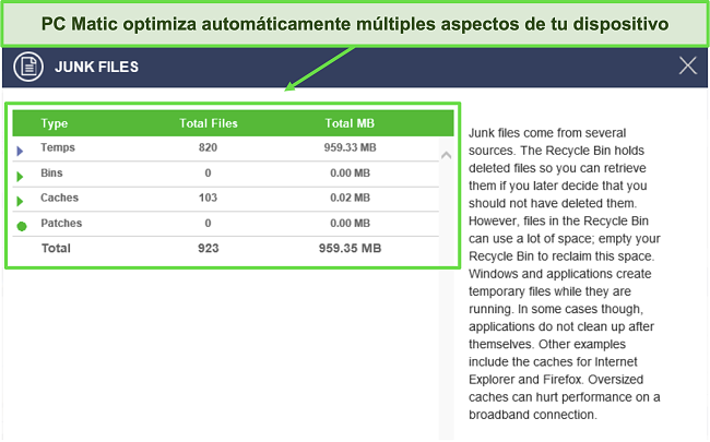 Captura de pantalla de la información de optimización posterior al escaneo de PC Matic.