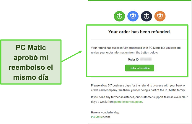 Captura de pantalla del correo electrónico de confirmación de reembolso de PC Matic.