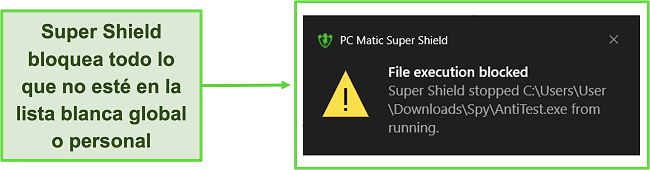 Captura de pantalla del Super Shield de PC Matic atrapando una amenaza.