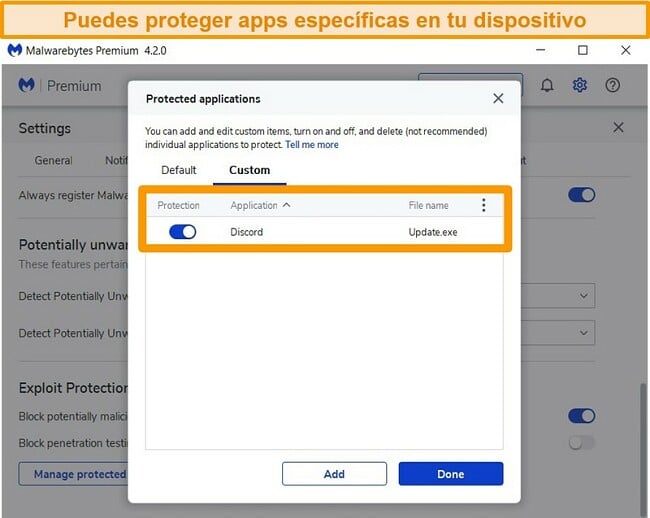 Captura de pantalla de la lista de aplicaciones protegidas de Protección contra exploits de Malwarebytes.