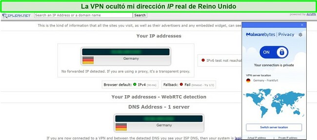 Captura de pantalla de la prueba de fugas de IP y DNS para Malwarebytes Privacy VPN