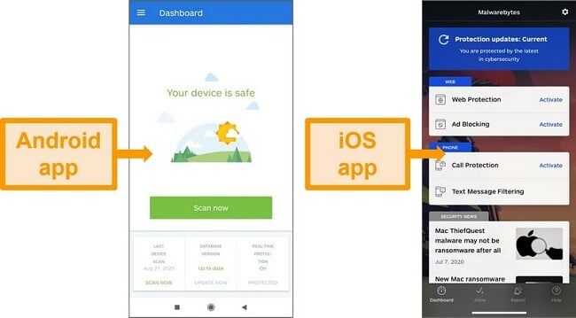 Capturas de pantalla de las interfaces de aplicaciones de Android e iOS.