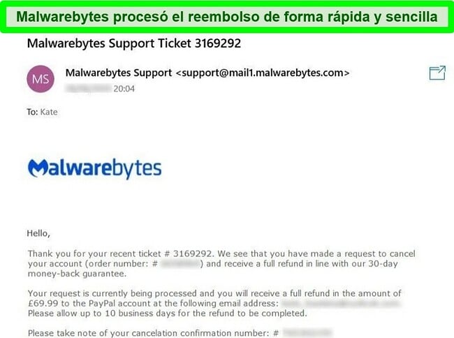 Captura de pantalla del proceso de reembolso de Malwarebytes con una respuesta por correo electrónico a un ticket de solicitud de reembolso.