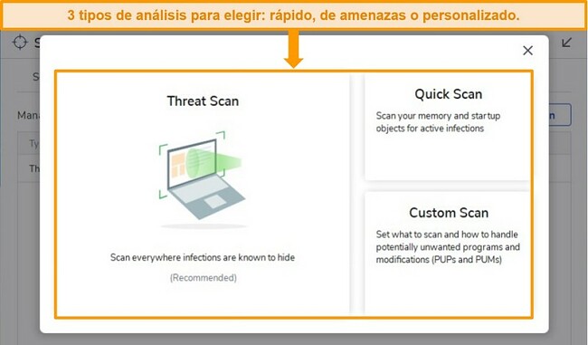 Captura de pantalla de las opciones de análisis de virus de Malwarebytes.