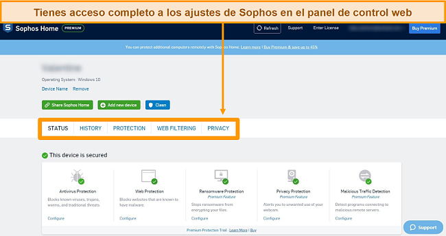 Captura de pantalla del panel basado en web de Sophos
