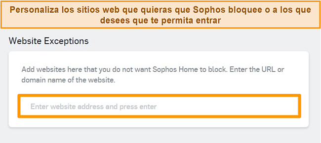Captura de pantalla del antivirus de Sophos y sus excepciones de sitios web en el panel