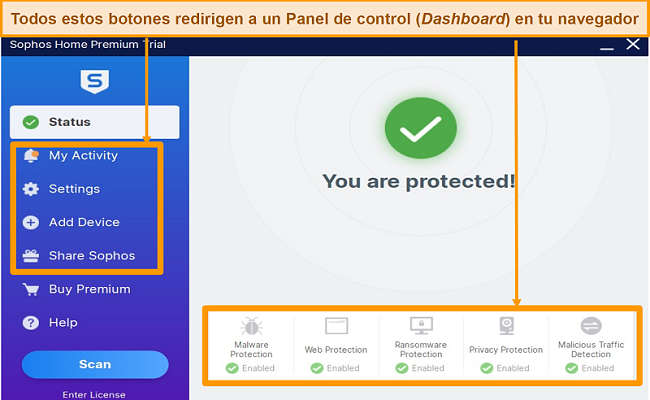 Captura de pantalla de la aplicación de Windows de Sophos con botones resaltados