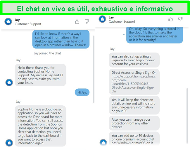 Captura de pantalla del chat en vivo de Sophos respondiendo preguntas.