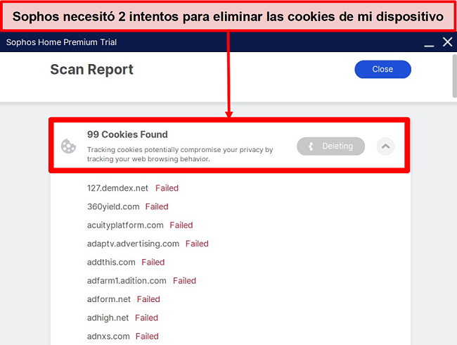 Captura de pantalla de Sophos después de ejecutar un escaneo y no eliminar varias cookies.