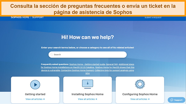 Captura de pantalla del sitio de soporte de Sophos.