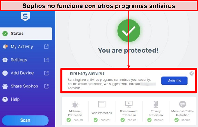 Captura de pantalla de la aplicación de escritorio de Sophos con un aviso de antivirus de terceros resaltado