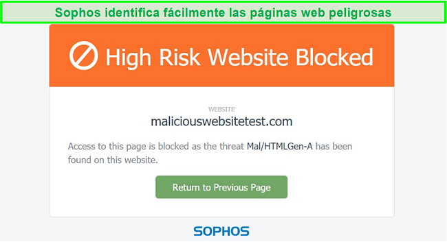 Captura de pantalla de Sophos bloqueando un sitio que aloja malware.