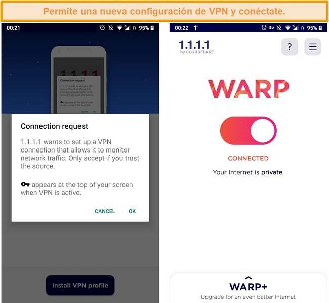 Captura de pantalla de las configuraciones de WARP VPN para configurar en un iPhone