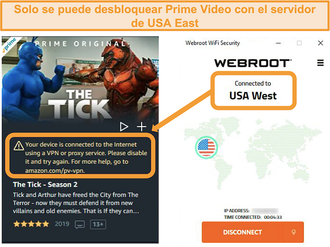 Captura de pantalla del error de proxy de Amazon Prime Video mientras estaba conectado al servidor USA West de Webroot WiFi Security