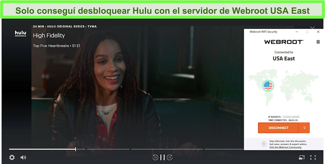 Hulu transmite alta fidelidad mientras está conectado al servidor de Webroot en el este de EE. UU.