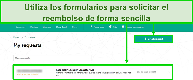 Captura de pantalla de las solicitudes de soporte de Kaspersky en el sitio web de Kaspersky.